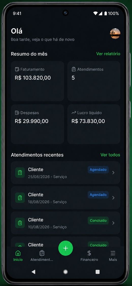 Tela inicial do aplicativo agroDrone com o resumo do mês