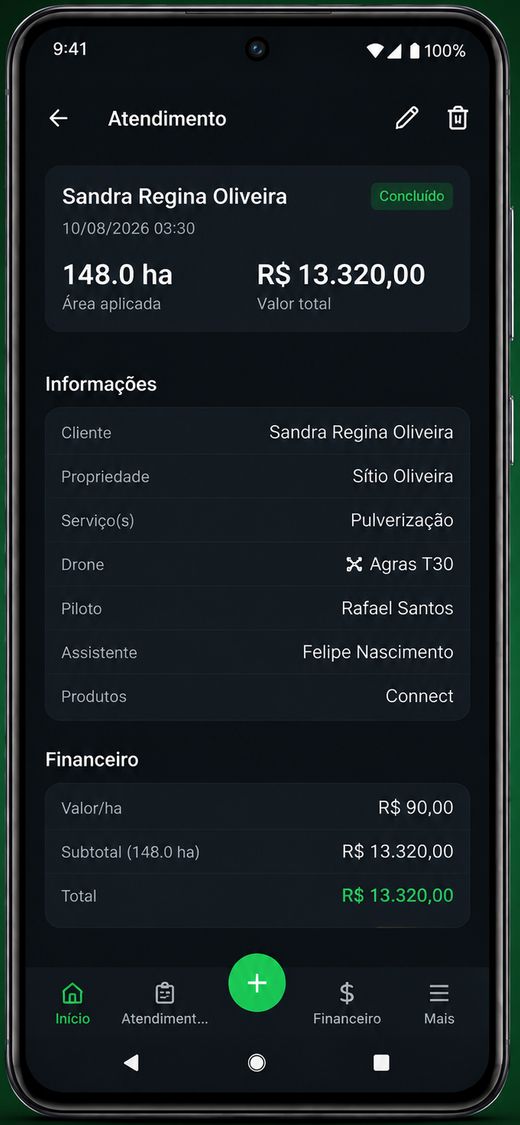 Tela de detalhe do atendimento no aplicativo agroDrone