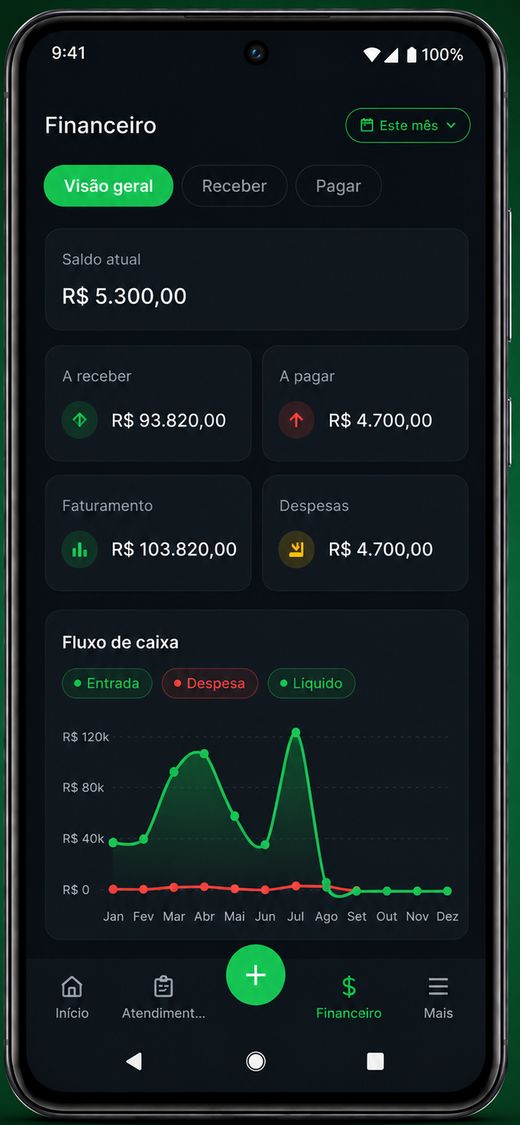 Tela financeira com saldo, contas a receber, a pagar e fluxo de caixa